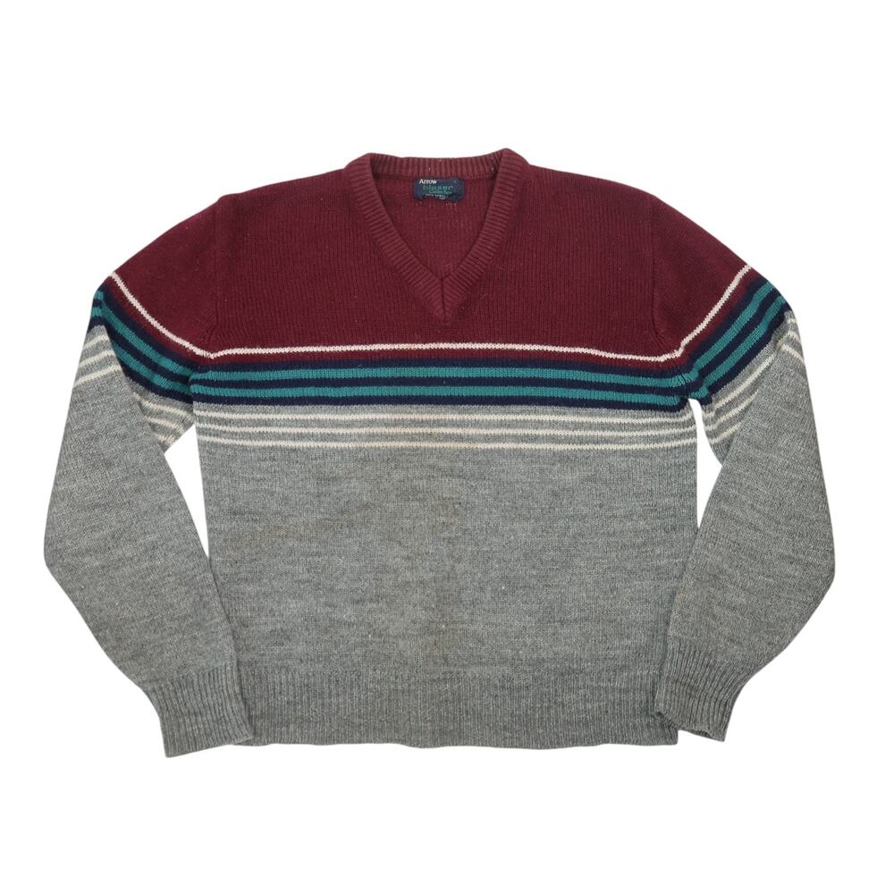 Vintage 80s Arrow Blazer Collection Burgundy and Grey Stripe Sweater L